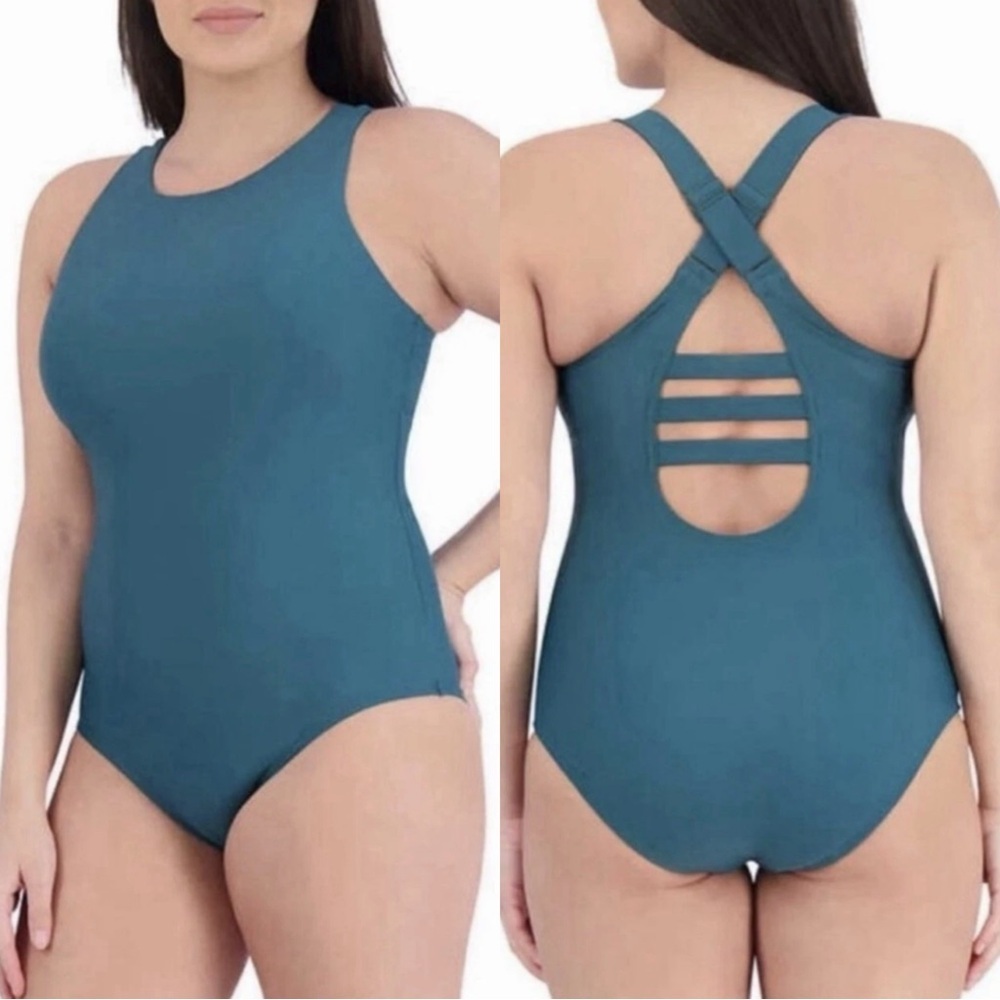 Eddie Bauer Women’s One Piece Crisscross Strap Swimsuit UPF 50 in Green L
